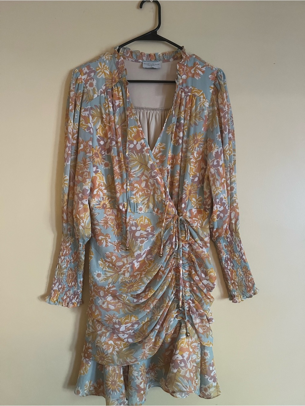 Dress Forum Floral Ruched Wrap Dress in Dusty Blue and Peach